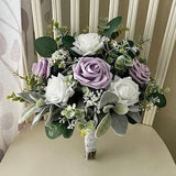 Boho wedding bouquet, lavender, white roses & greenery bridal bouquet, eucalyptus sage bridesmaid flowers, boutonni¡§¡§res, wrist corsage