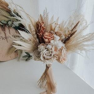 Beige colors bridal bouquet with dried roses, luxury preserved flowers bunch, wedding theme bouquet, custom handmade maid of honor order