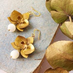 orchid earrings in brass and hard stones