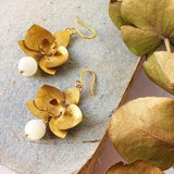 orchid earrings in brass and hard stones