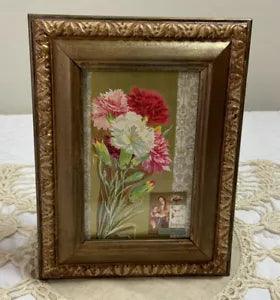 Vintage Framed Victorian Ephemera, Flowers, Carnations, Small Victorian Die Cut