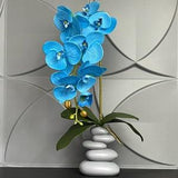 Artificial Blue Orchid Phalaenopsis in Handmade Vase Real Touch Silk Flowers Branch Faux Plant for Indoor Fake arranging Centerpiece