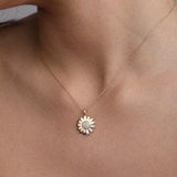 14K Gold Daisy Sunflower Necklace -Cz Baguette Sunflower Pendant- Delicate Sunshine Daisy Necklace-Vintage  Flower jewelry- Christmas Gift