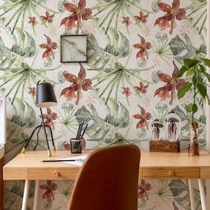 Tropical Orchid Wallpaper - Watercolor Orchid Flowers & Palm Leaves Peel and Stick Removable Wallpaper For All Rooms- Self Adhesive Mural 97