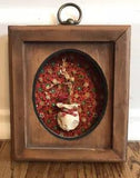 Vintage 1970s Dried Floral And Clay Wall Art on Pattern Cloth Oval Frame 3D