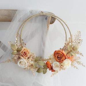 Terracotta, Rust Orange and Gold Hoop Bouquet, Boho Wedding Bouquet, Autumn Fall Home Decor, Hoop Wreath