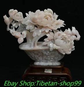 16'' Natural Xiu PinkJade Carve Peony Flower Basket Bird Animal Statue ornament