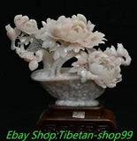 16'' Natural Xiu PinkJade Carve Peony Flower Basket Bird Animal Statue ornament