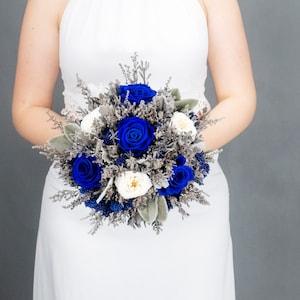 Royal blue wedding bouquet, silver gray dusty miller greenery, real preserved flowers, winter wedding decorations, small bridal bouquet