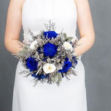Royal blue wedding bouquet, silver gray dusty miller greenery, real preserved flowers, winter wedding decorations, small bridal bouquet