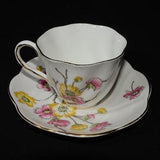 SALISBURY Bone China Teacup and saucer Pink Yellow Flower Gold Rimmed Bouquet England scalloped edge Vintage swirled wild rose
