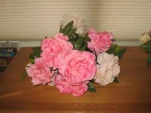 STEM OF 9 LIGHT & DARKER PINK PEONIES PLUS BUDS & RAINDROPS