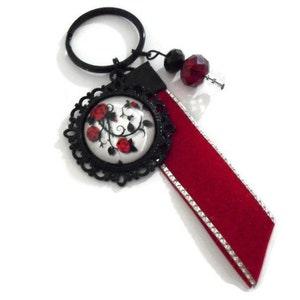 Red Roses Keychain, Red and Black Floral Key Chain Car Accessories, Red Ribbon and Crystal Beaded Black Key Ring Accessory, Valentine's Gift