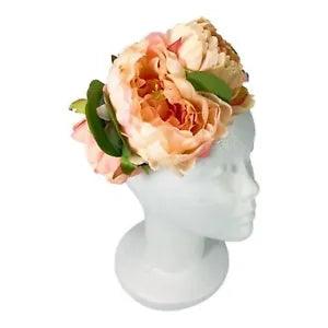 Peony light pink side swept bridal flower hair ribbon tie crown