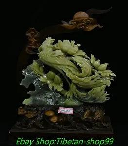 17'' China Natural Xiu Green Jade Carve Phoenix Phenix Bird Peony Flower Statue