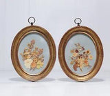 Pair of Vintage Pressed Flowers On Wood Oval Frames Under Glass Wall Frames