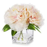Silk Peony Flowers Arrangements in Cube Glass Vase with Faux Water for Peach