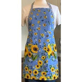 Full Cotton Apron has Pockets, Adjustable Ties, Blue with Butterfly, Sunflower Floral Print for Cooks, Chefs, Gardeners, Bakers, Gift - Joy