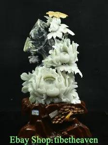 19.2" China Natural Xiu Jade Carving Feng Shui Peony Flower Peach Luck Sculpture