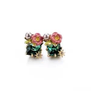Rose & Peony British Fashion Statement Earring Green Pink Flowers