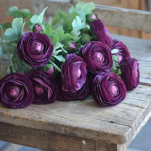 19" Dark Purple Fake Ranunculus, Real Touch Artificial Flowers, Plum/Eggplant, Handmade Home Decor, Make Florals Arrangement Bouquet