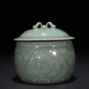 5.1" Old Chinese Porcelain song dynasty longquan kiln cyan peony flower Jar pot