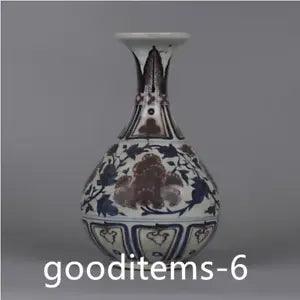 13.2"Old Antique Porcelain Yuan dynasty blue and white peony flower pattern vase