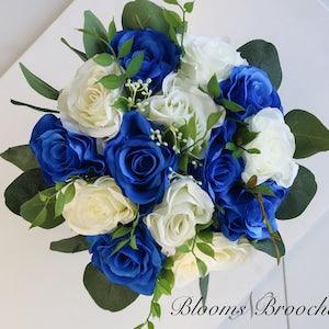 Royal blue and Ivory Bouquet, Wedding Bouquet,  Bridal Bouquet, Bridesmaids Bouquet, Wedding Flower, Artificial Silk flower bouquet, Rose