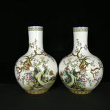 12.9" old antique qing dynasty qianlong mark porcelain flower bird peony bottle
