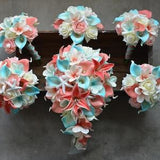 Fake Aqua Coral Beach Bouquets, Spa Blue Real Touch Calla Lilies, Plumerias Roses, Shells, Starfishes Wedding Package, Silk Bride Bouquets