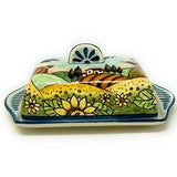 Italian Ceramic Butter Dish Hand Painted Decorated Sunflowers Landscape Made in ITALY Tuscan Art Pottery