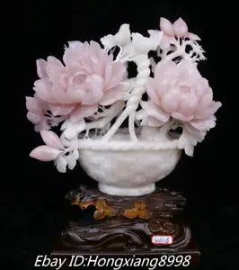 18'' Unique Natural Powder Jade Carved peony flower bird Flower basket Statue