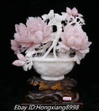 18'' Unique Natural Powder Jade Carved peony flower bird Flower basket Statue