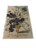 Birthday Postcard Gold Foil GLITTER Basket Violets Lily of the Valley FLOWERS