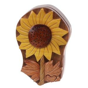 Handcrafted Wooden Floral Lovely Sunflower Handmade Secret Jewelry Puzzle Box - Sunflower Shape