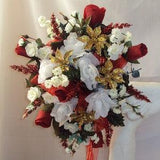 Cascade Wedding Bouquet - Christmas Bridal Bouquet - Artificial Bridal - Red Rose Wedding Bouquet, Bling Wedding Bouquet - White Rose Bridal
