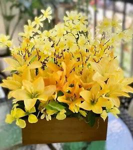 Yellow Flowers Arrangement for Garden & Home Decoration In Wood Box Base CP00122