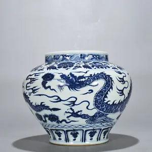 13" Old Antique yuan dynasty Porcelain Blue white cloud Dragon peony flowers pot