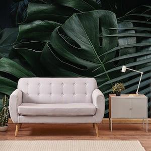 Dark Tropical Wallpaper with Exotic Green Leaves, Monstera Leaves, Photo Wallpaper, peel and stick wall mural, self adhesive, wall decor