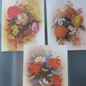 3 Vintage flower lithographs from 1978, signed prints , beautiful mum, peony or lily bouquet /for home decoration/ Litho in USA