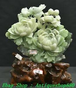 16.9" Natural Xiu Jade Carving Fengshui Peony Flower Bird Statue Sculpture