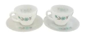 Bonnie Blue Carnation Flower Fire King Oven Ware Milk Glass Two Cups & Saucers
