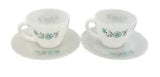 Bonnie Blue Carnation Flower Fire King Oven Ware Milk Glass Two Cups & Saucers