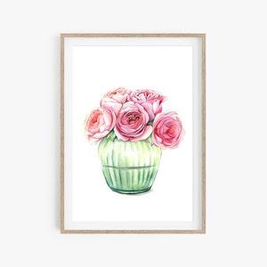 Floral Wall Art, Rose Flowers Print, Watercolor Roses Painting, Floral Pink Roses Print, Flowers Wall Art, Rose Watercolor Vintage Print