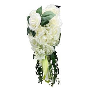Artificial White Rose Flower Cascading Waterfall Bridal Wedding Holding Bouquet