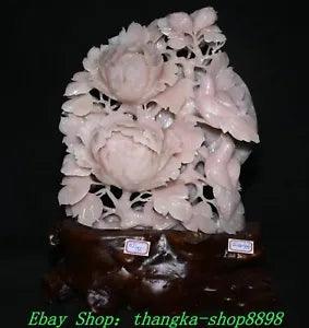 16" China Fine Natural Pink Xiu Jade Peony Flower Tree Magpie Bird Animal Statue