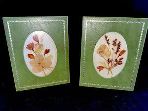 Vintage Pressed Dried Flowers in Glass w/sage Leather Frames. 4.5" x 3.5." Wall
