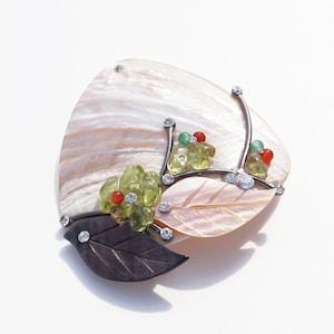 Nacre brooch. Mother of pearl brooch. Leaf brooch. Peridot brooch. Orchid brooch. Grandma gift. Mother gift. Korean Brooch. Natural brooch.