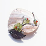 Nacre brooch. Mother of pearl brooch. Leaf brooch. Peridot brooch. Orchid brooch. Grandma gift. Mother gift. Korean Brooch. Natural brooch.