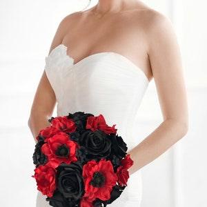 Red and Black Bride's Bouquet with Black Roses and Red Anemone Wedding Flowers Bouquet for Black Wedding Theme with Red and Black